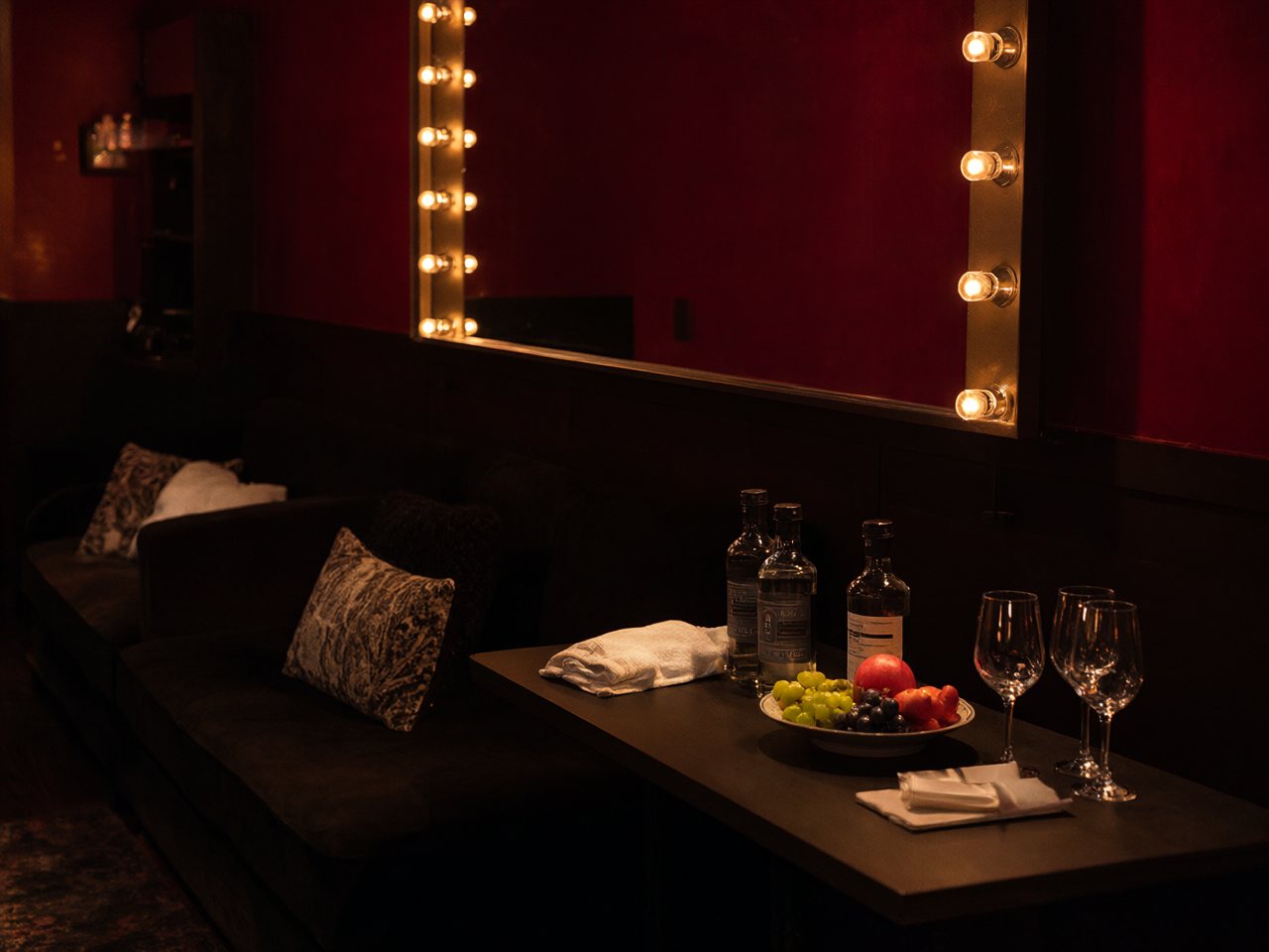 An artist green room set with a hospitality spread