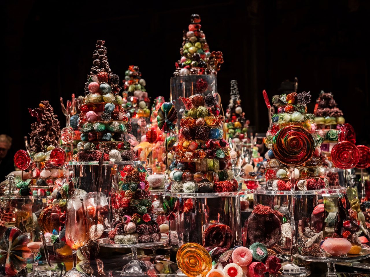 A surreal dessert installation of candy sculptures