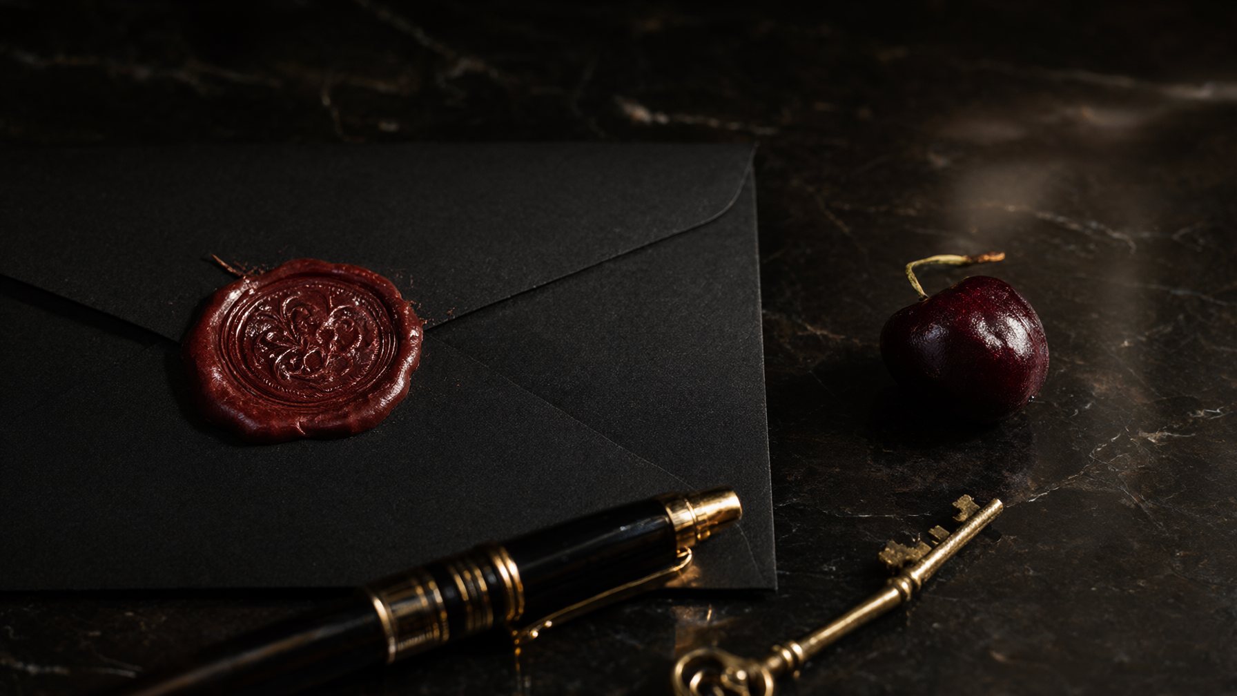 A black envelope with a red wax seal beside a single cherry