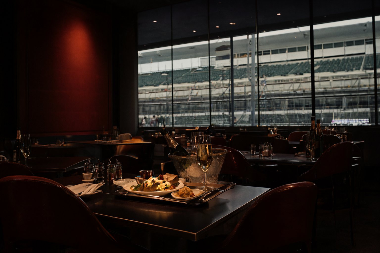 A trackside hospitality suite set for lunch service